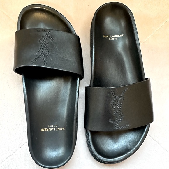 Saint Laurent YSL Black Leather Designer Luxury slides sz. 37.5. 100% Authentic - Picture 1 of 5